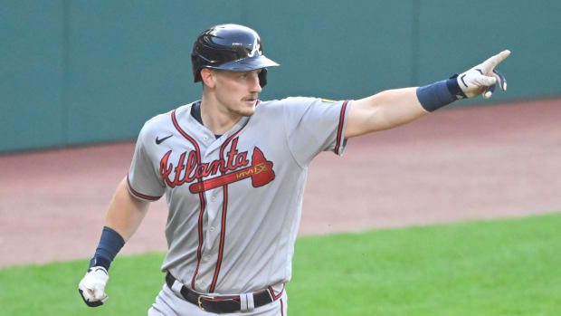 Jul 5, 2023; Cleveland, Ohio, USA; Atlanta Braves catcher Sean Murphy (12) celebrates his solo home run in the third inning against the Cleveland Guardians at Progressive Field. Mandatory Credit: David Richard-USA TODAY Sports